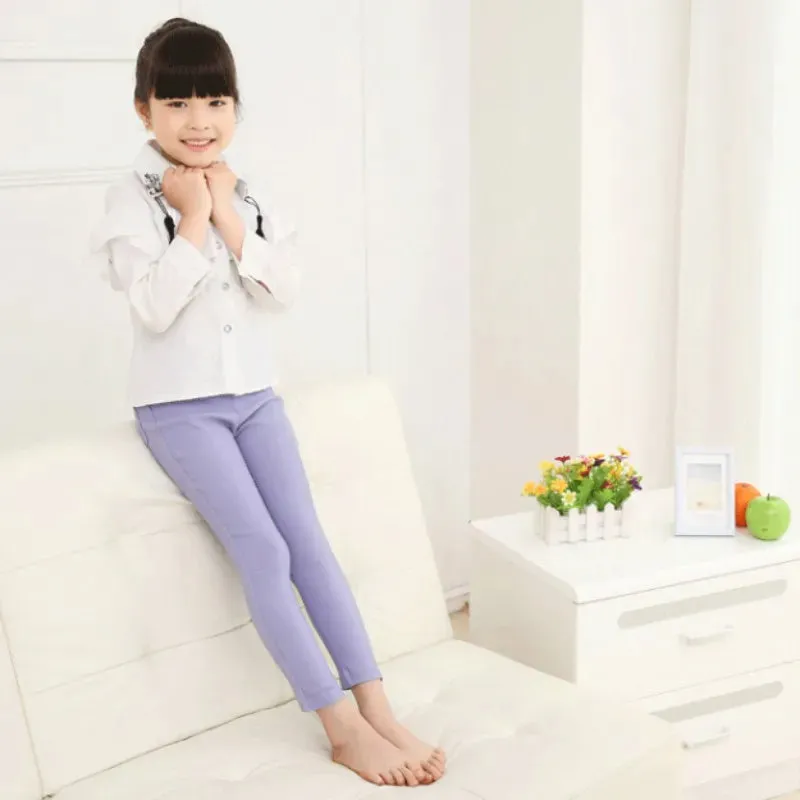 3-9 Years Kids Girls Candy Color Pencil Pant Cotton Elastic Long Pants Trousers with Pocket Spring Autumn