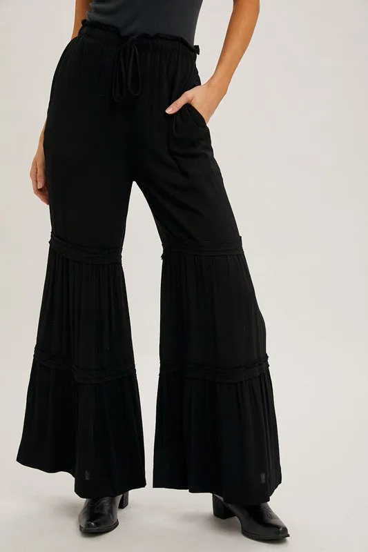 Black Drawstring Waist Tiered Palazzo Pants