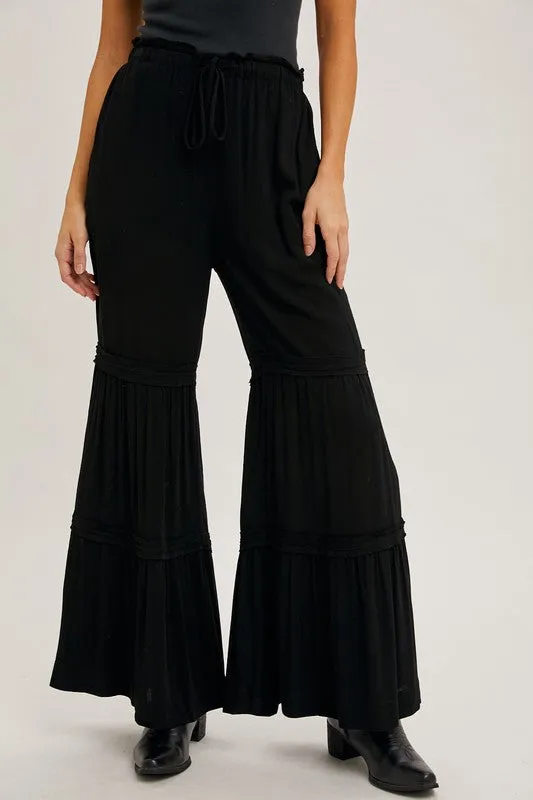 Black Drawstring Waist Tiered Palazzo Pants