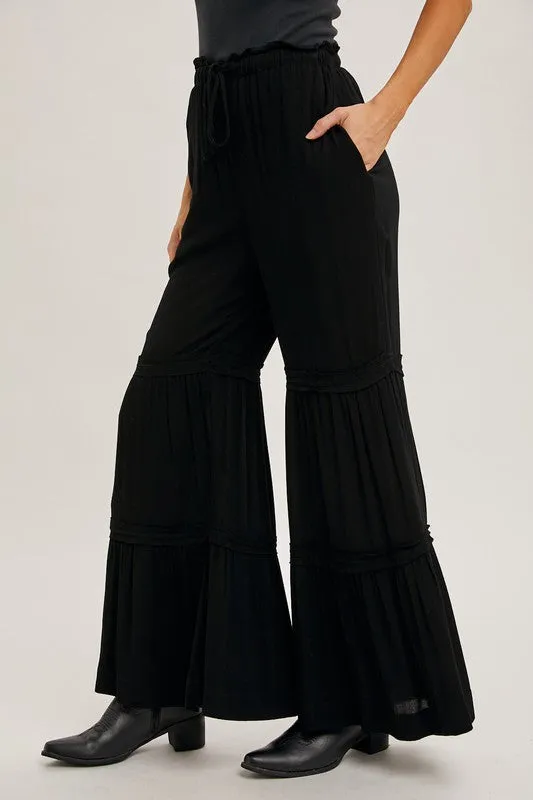 Black Drawstring Waist Tiered Palazzo Pants