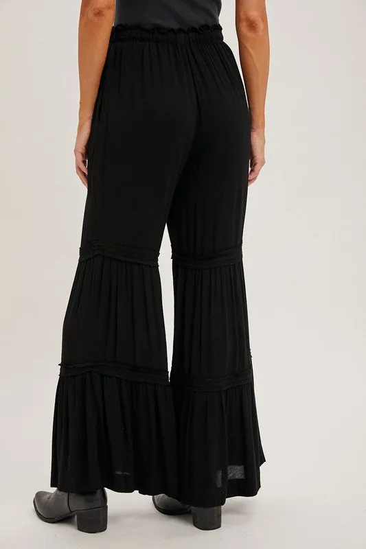 Black Drawstring Waist Tiered Palazzo Pants