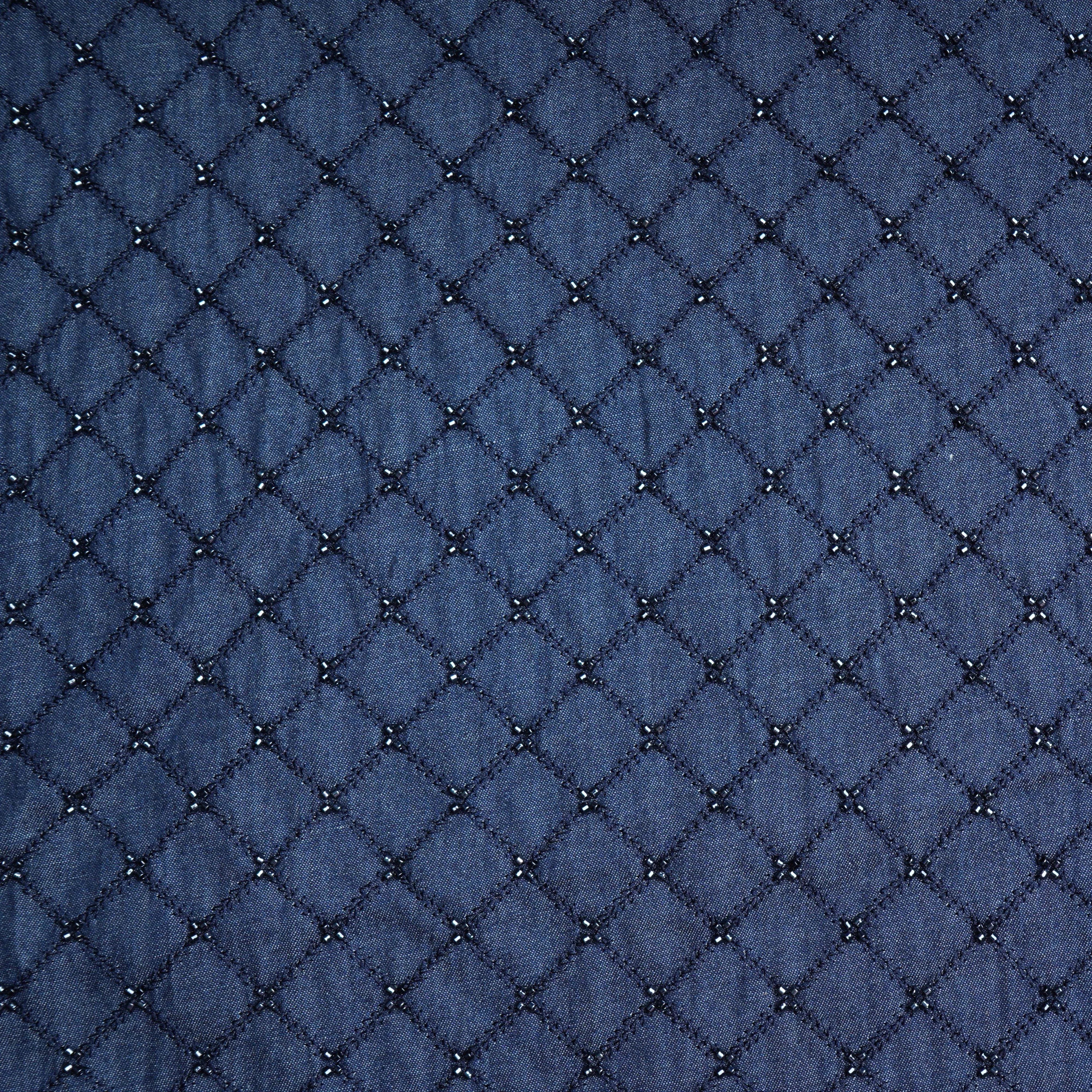 Blue Cutdana & Pearl Embroidery Denim Fabric 20373