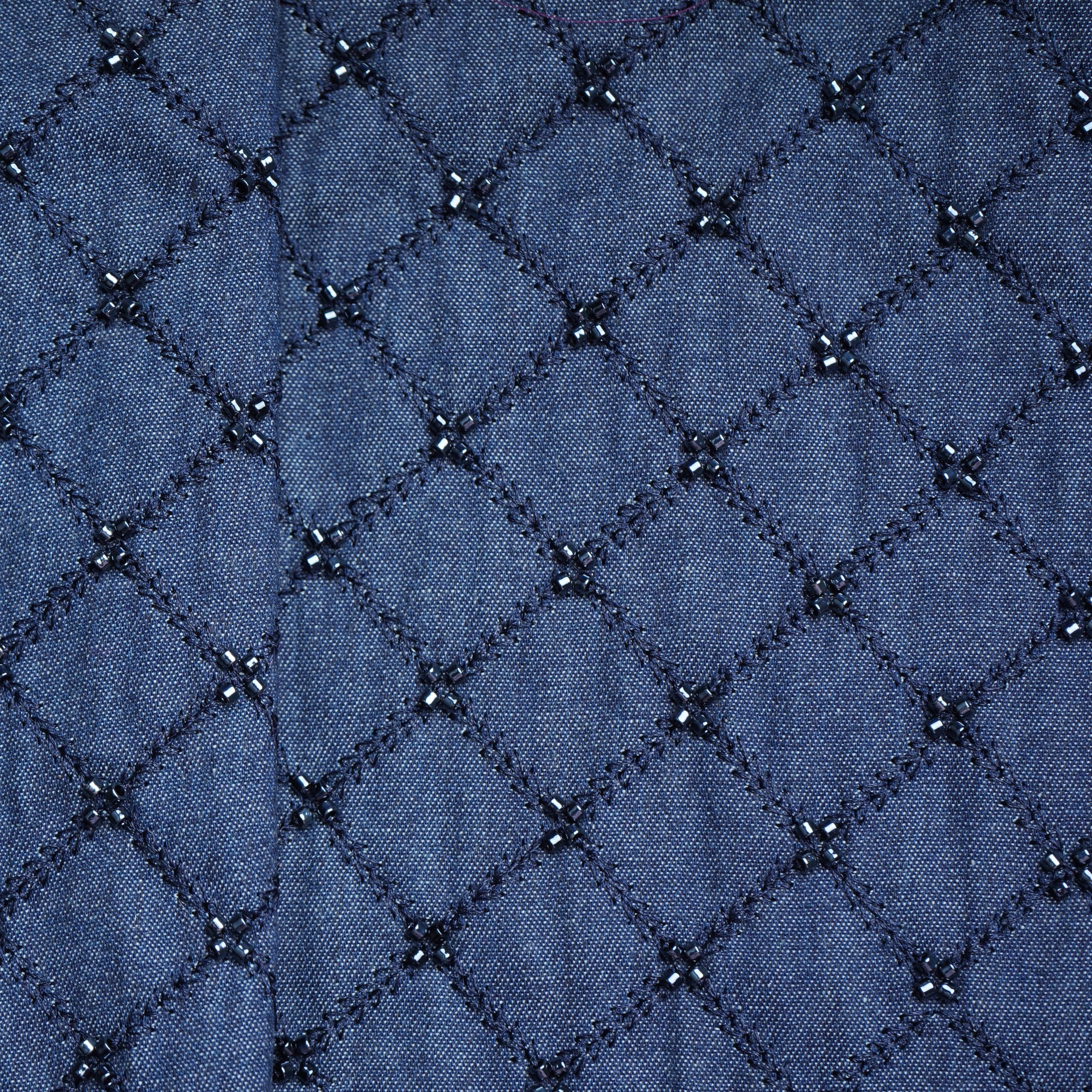 Blue Cutdana & Pearl Embroidery Denim Fabric 20373