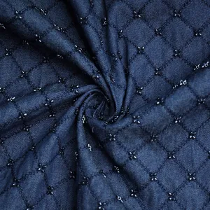 Blue Cutdana & Pearl Embroidery Denim Fabric 20373