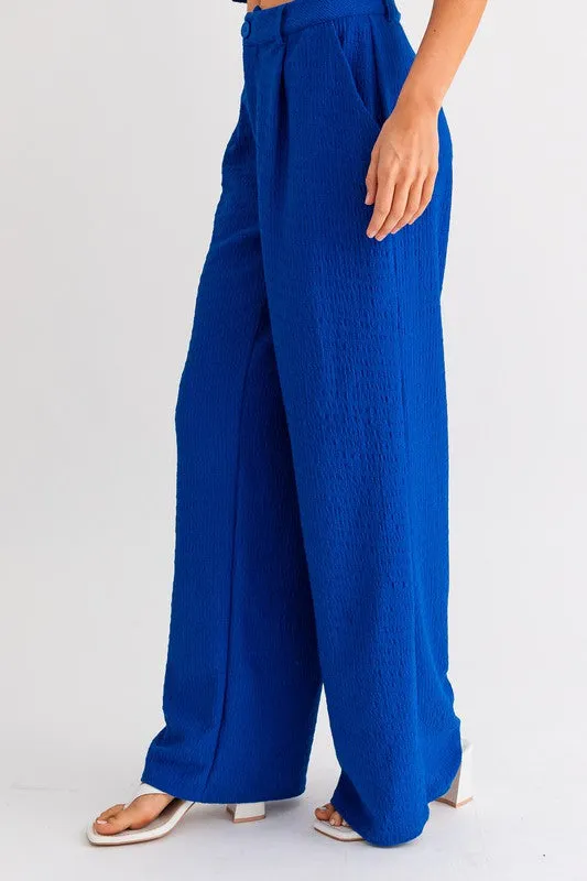 Blue Low Waist Pleated Wide Leg Pants