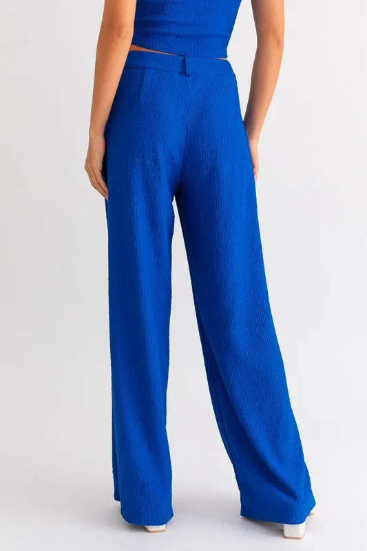 Blue Low Waist Pleated Wide Leg Pants