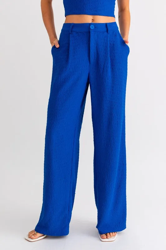 Blue Low Waist Pleated Wide Leg Pants