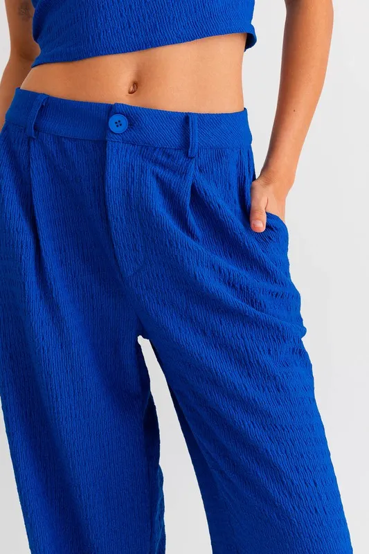 Blue Low Waist Pleated Wide Leg Pants