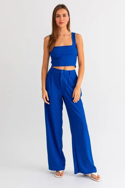 Blue Low Waist Pleated Wide Leg Pants