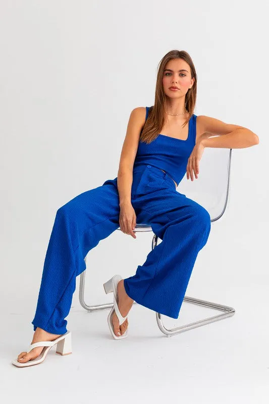 Blue Low Waist Pleated Wide Leg Pants