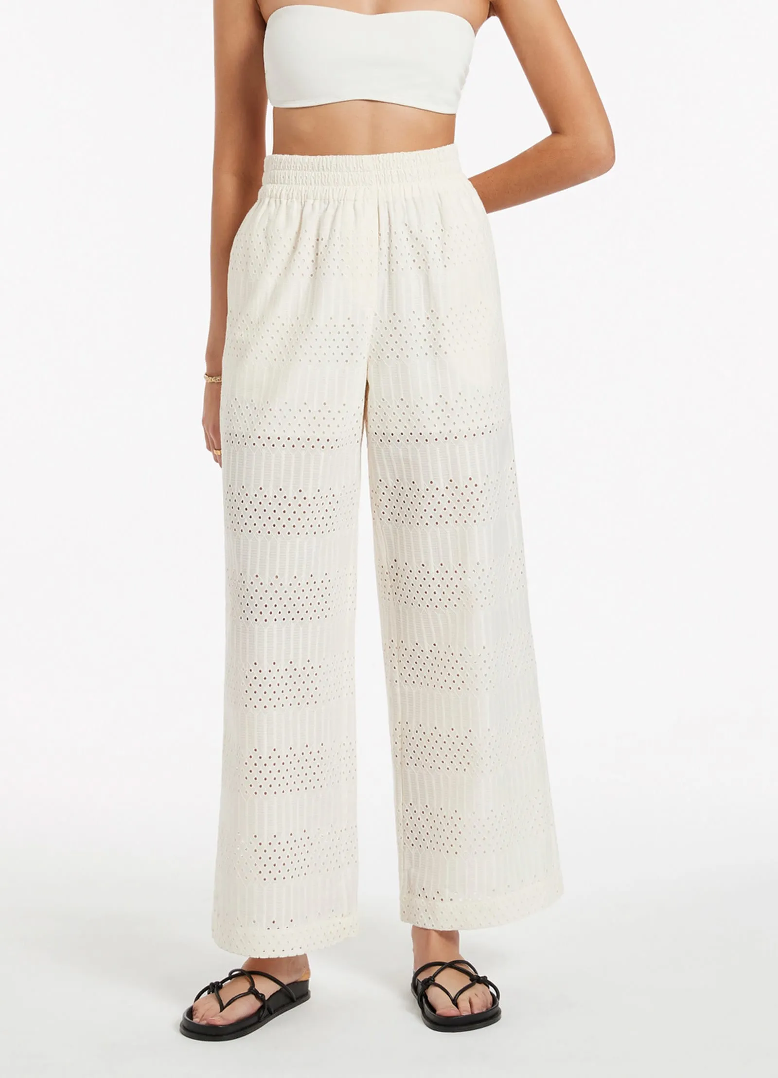 Broderie Wide Leg Pants - Cream