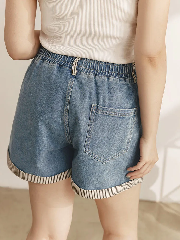 Casual Striped Trim Elastic Waist Denim Shorts Pants