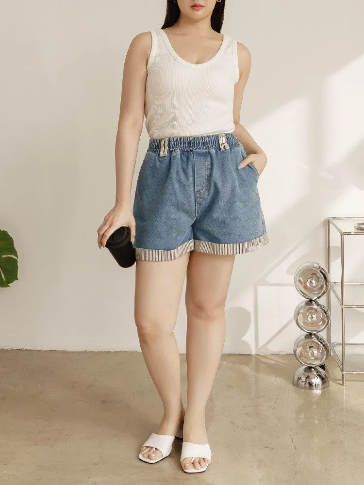 Casual Striped Trim Elastic Waist Denim Shorts Pants