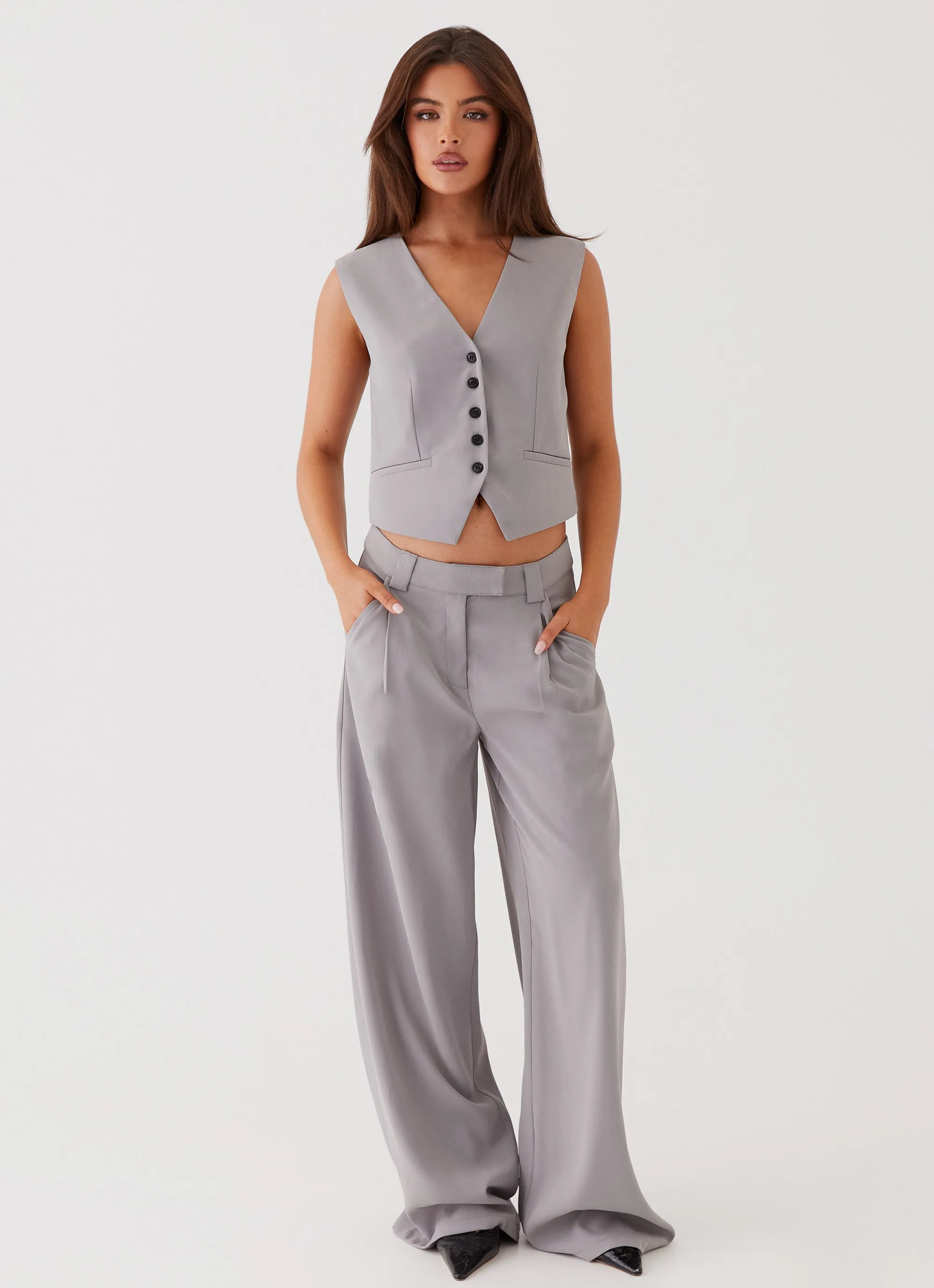 Elle Wide Leg Tailored Pants - Grey