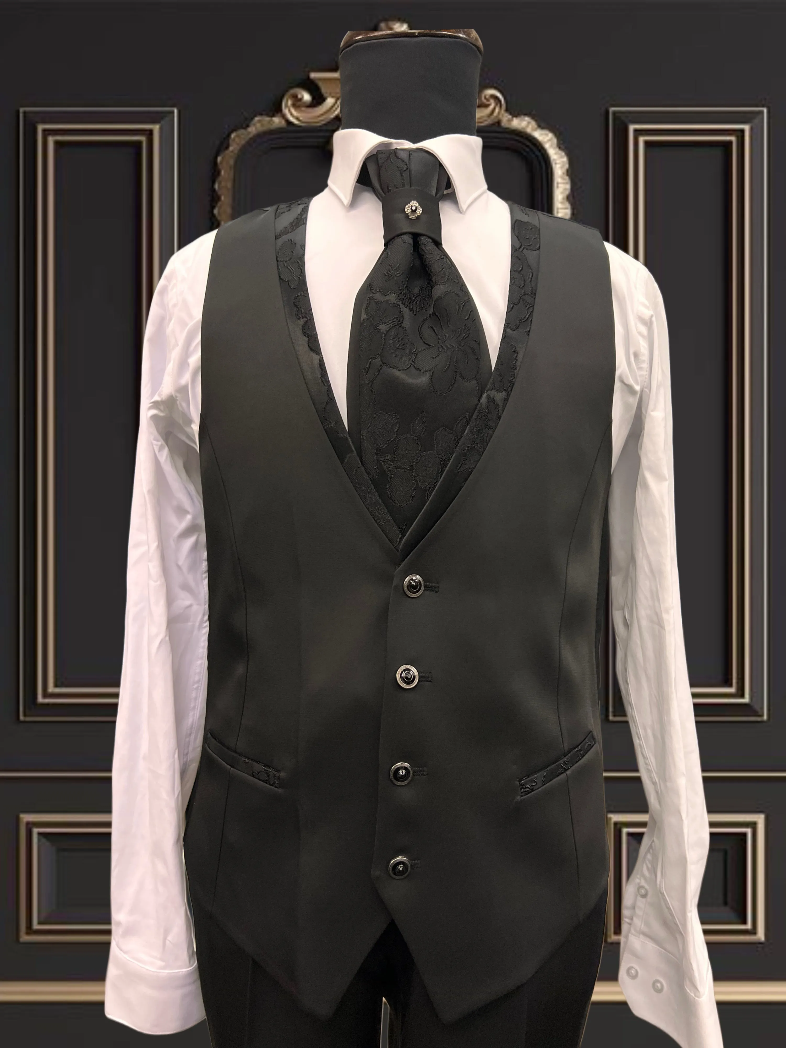 Floral Black Slim Fit Tuxedo with Mandarin Collar | Unique & Elegant