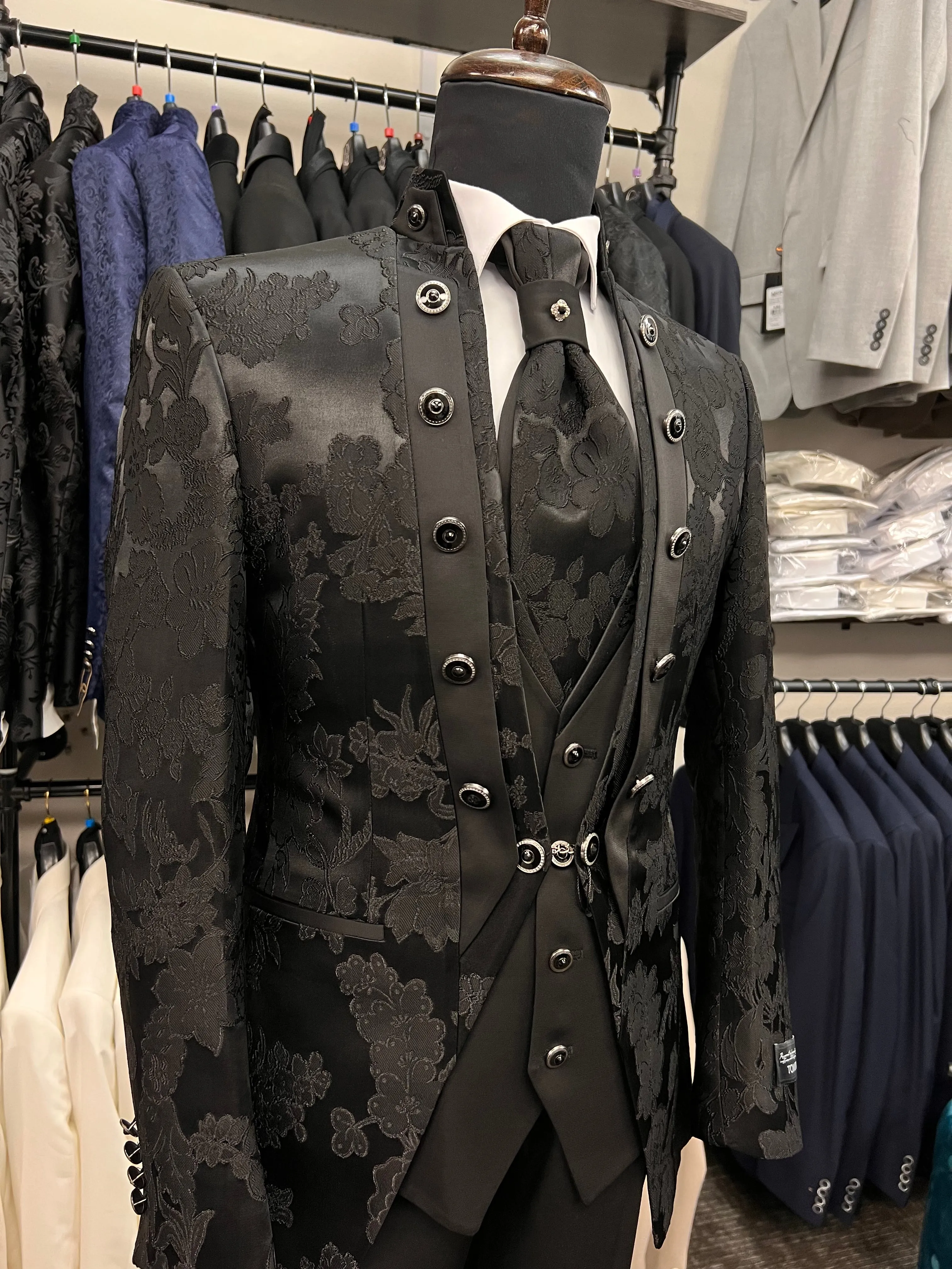 Floral Black Slim Fit Tuxedo with Mandarin Collar | Unique & Elegant