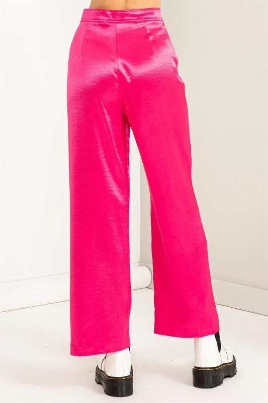 Fuchsia Set To Love Satin High-Waist Wide Leg Pants