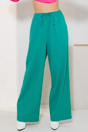 Green Solid Straight Pants With Elastic Waist Band