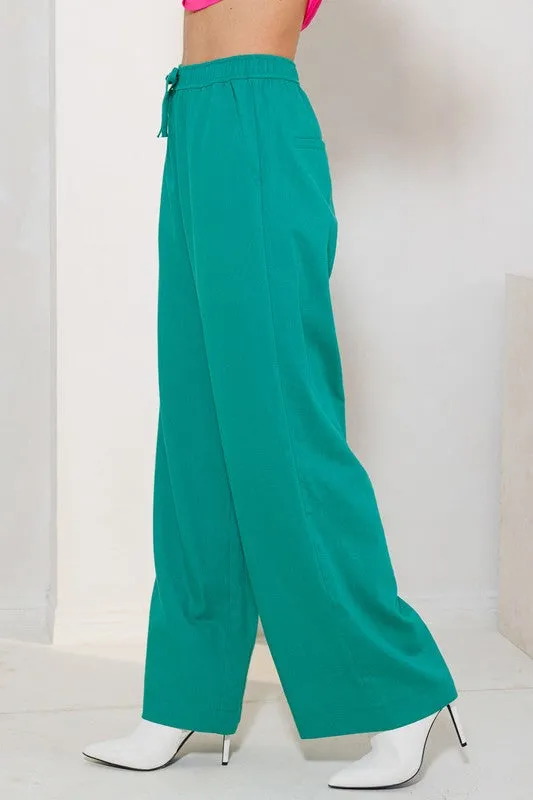 Green Solid Straight Pants With Elastic Waist Band