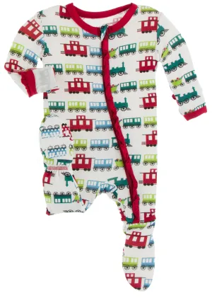 KicKee Pants Natural Toy Train Classic Ruffle Footie with Zipper