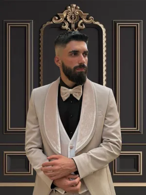 Men's Beige Tuxedo with Champagne Velvet Shawl Lapel and Vest | Elegant Formal Wear