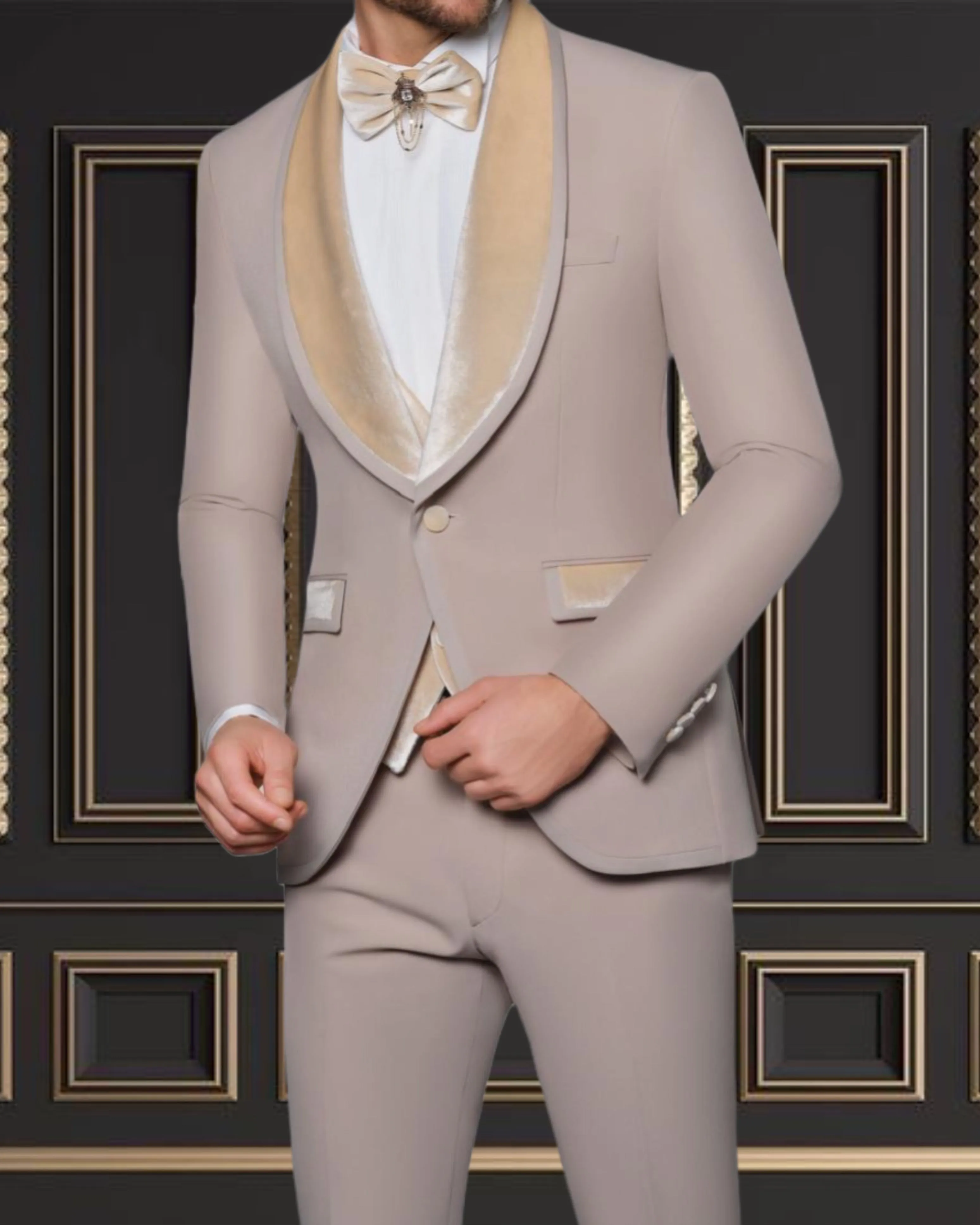 Men's Beige Tuxedo with Champagne Velvet Shawl Lapel and Vest | Elegant Formal Wear