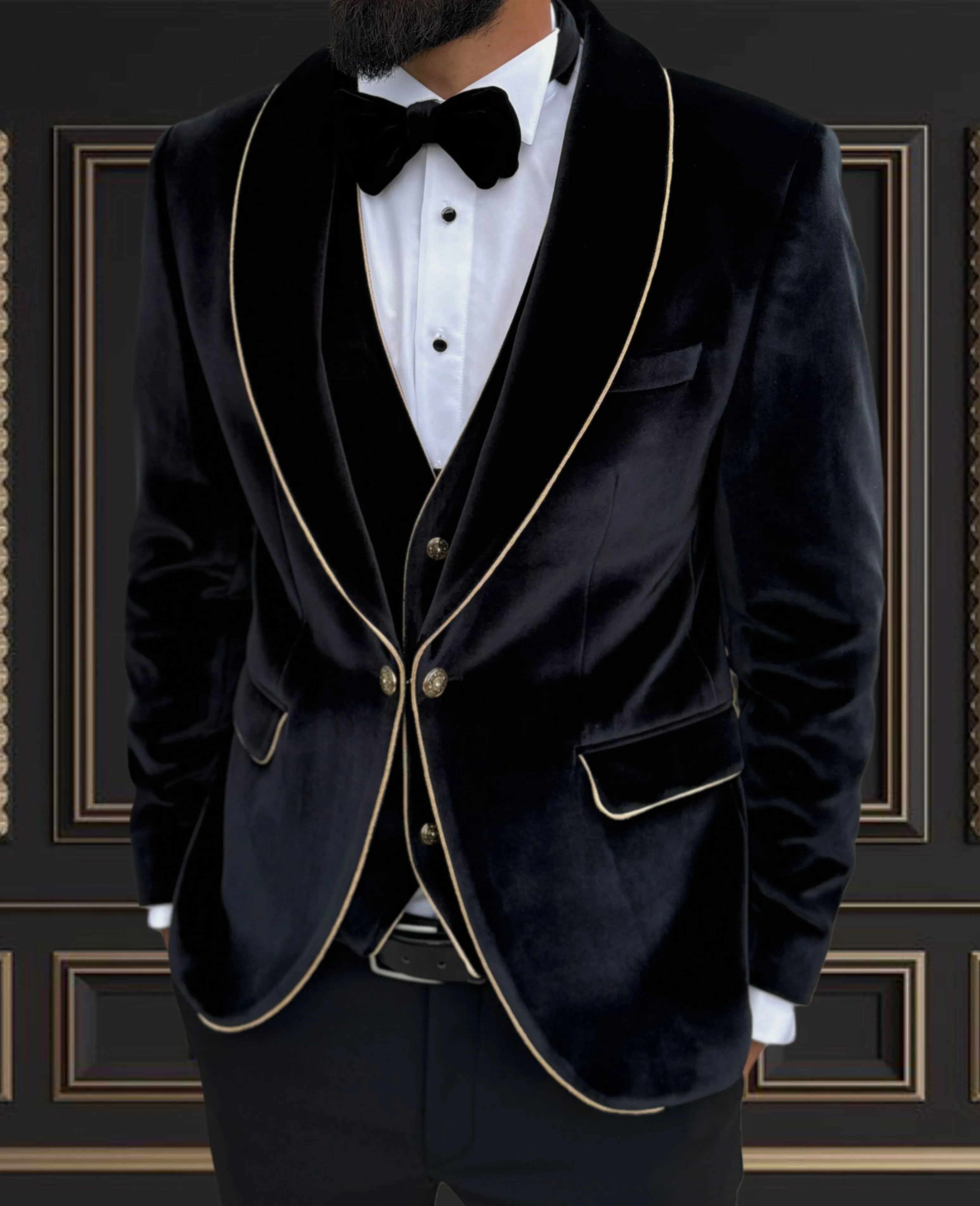 Men's Black Velvet Tuxedo with Gold Trimmed Shawl Lapel | Luxurious Formal Wear