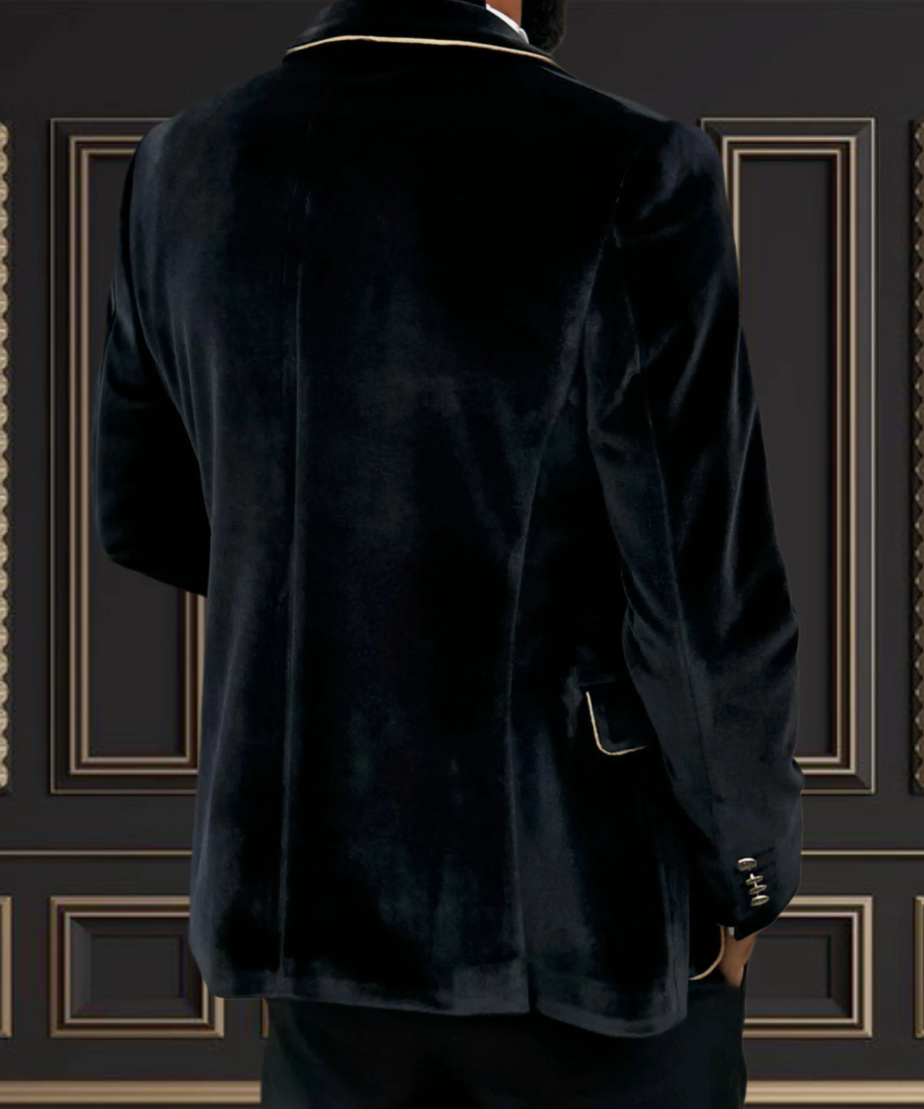 Men's Black Velvet Tuxedo with Gold Trimmed Shawl Lapel | Luxurious Formal Wear