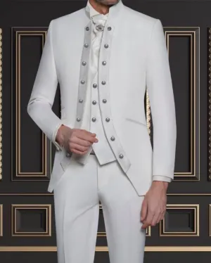 Men's Off-White Tuxedo with Mandarin Collar | Stylish Formal Attire