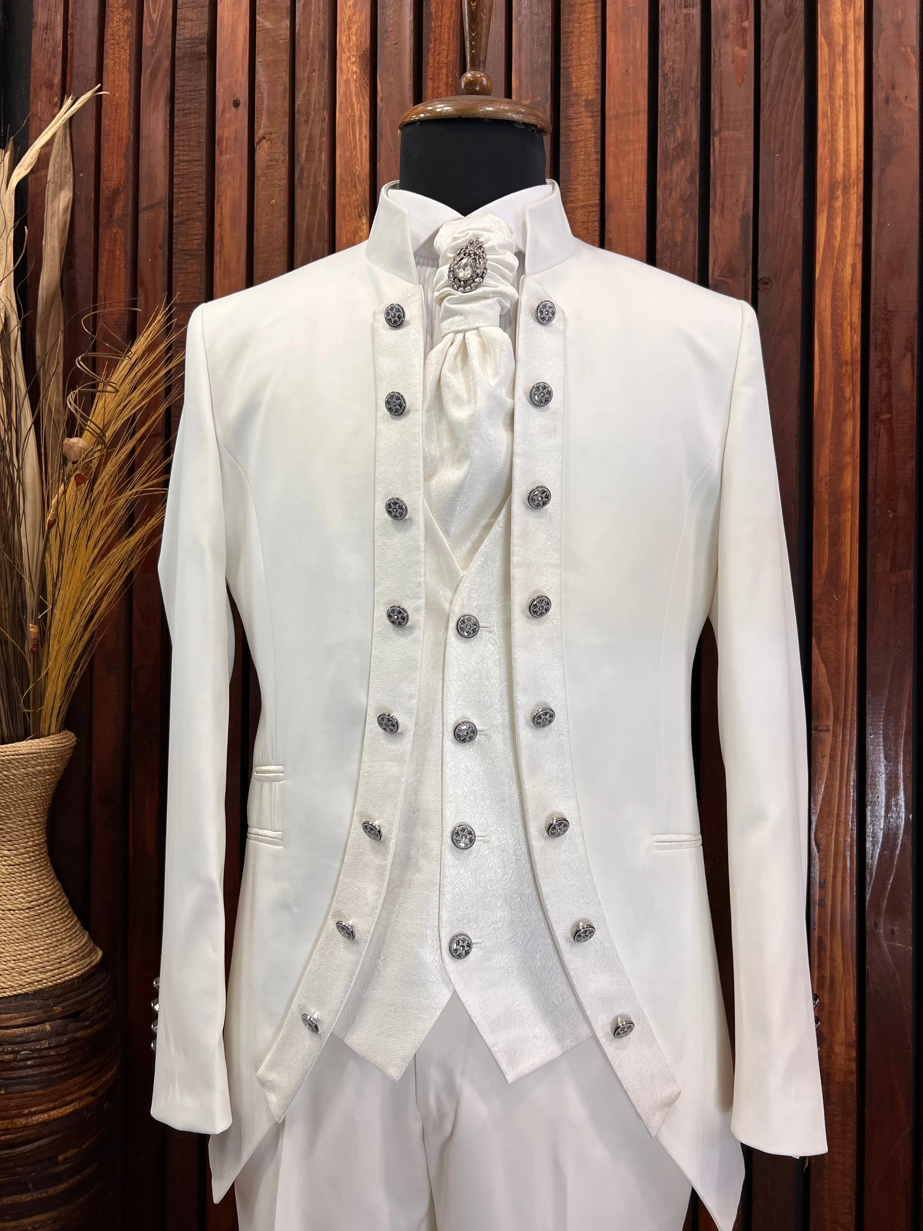 Men's Off-White Tuxedo with Mandarin Collar | Stylish Formal Attire