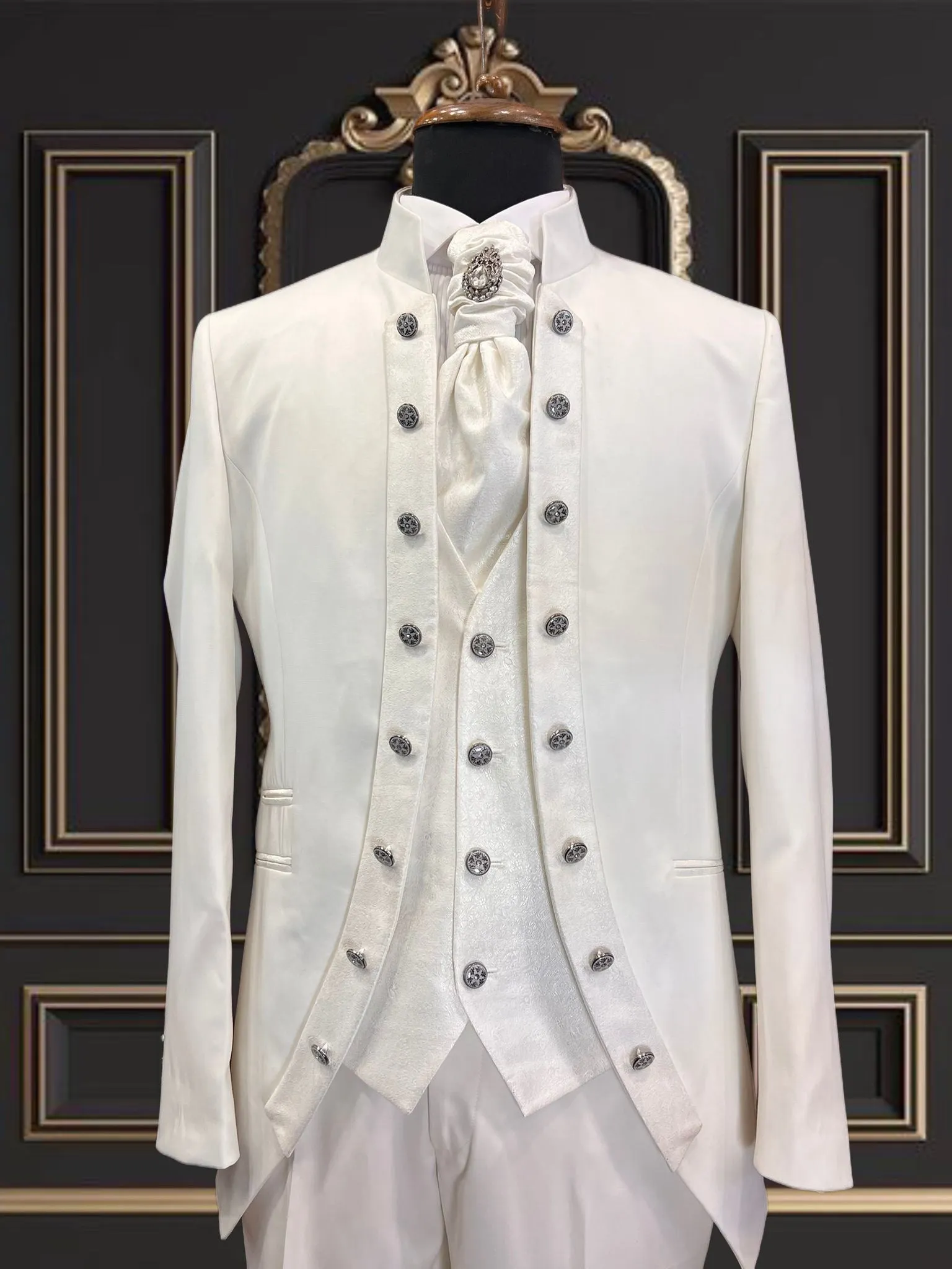 Men's Off-White Tuxedo with Mandarin Collar | Stylish Formal Attire