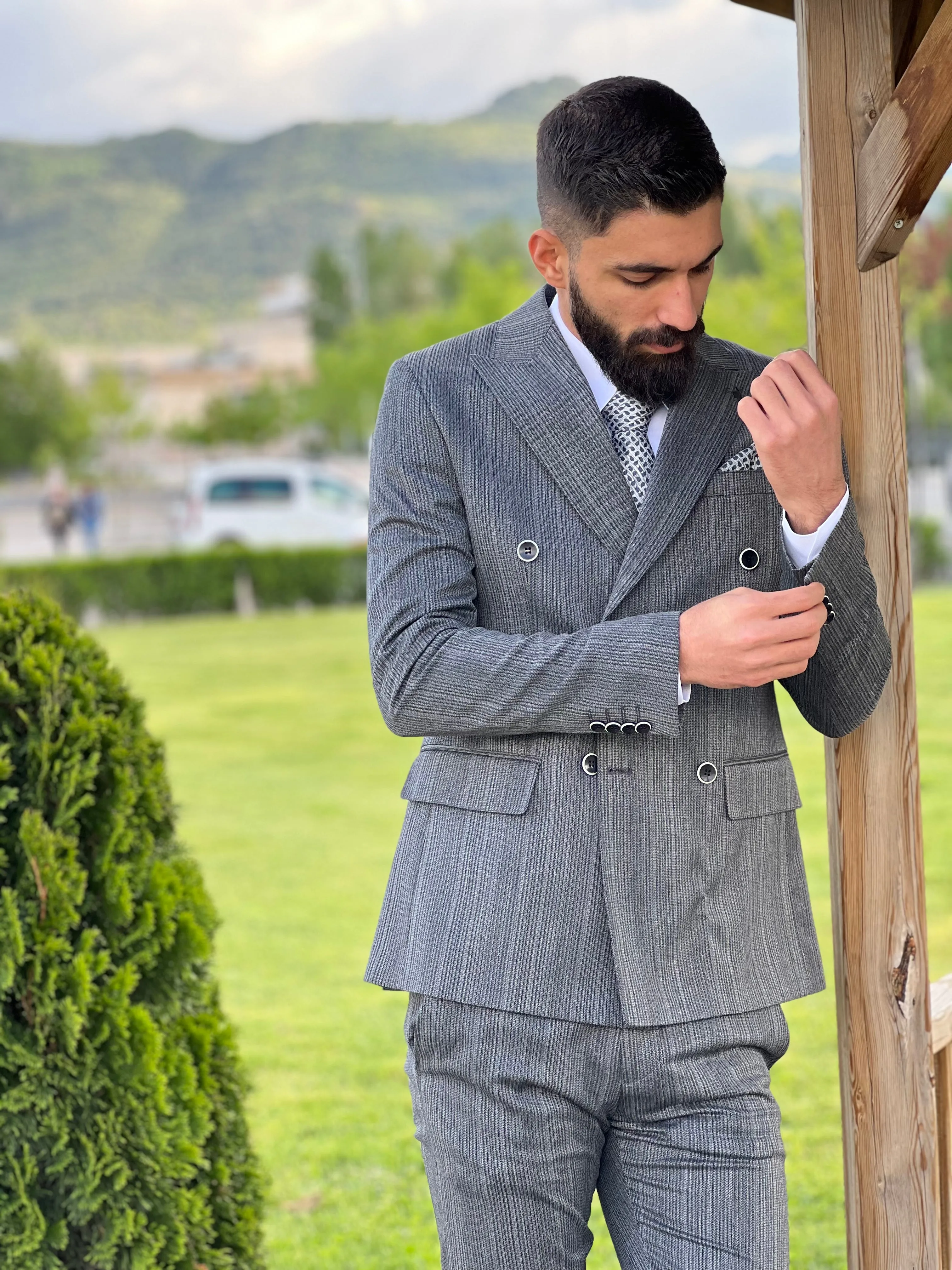 Mens Slim Fit stripped Gray Suit | Double Breasted Wool Suit premium 4 way stretch