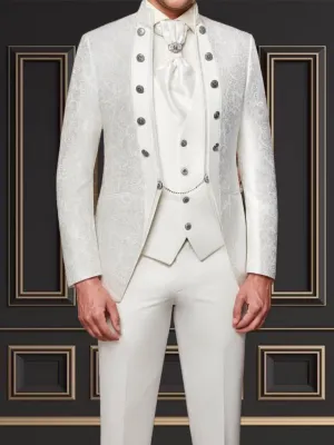 Men's White Floral Tuxedo with Mandarin Collar | Unique Formal Attire