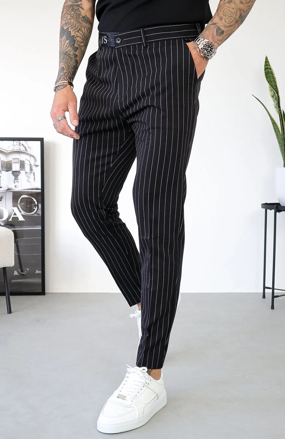 Pinstripe Pants with Half Belt in Black