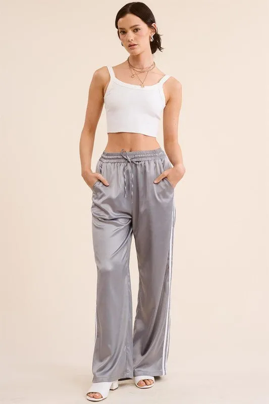 Slate Sporty Satin-Effect Track Pants W Stripes