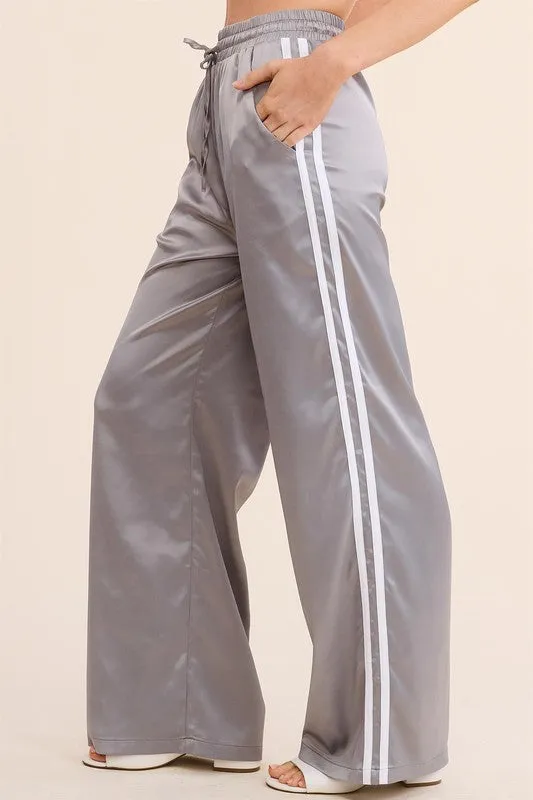 Slate Sporty Satin-Effect Track Pants W Stripes