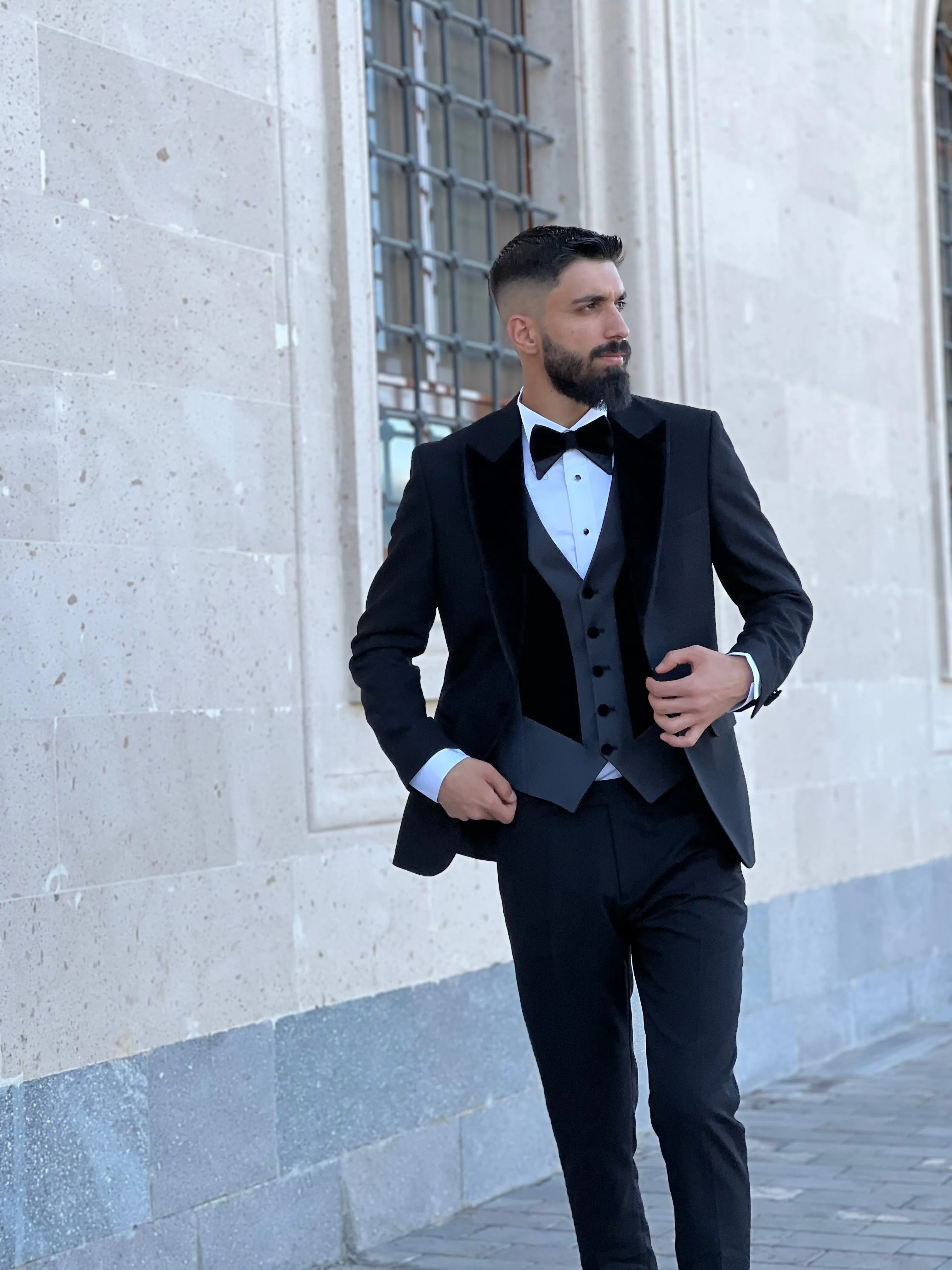 Slim Fit Black Single Breasted Tuxedo with Velvet Peak Lapel for Wedding and special occasions