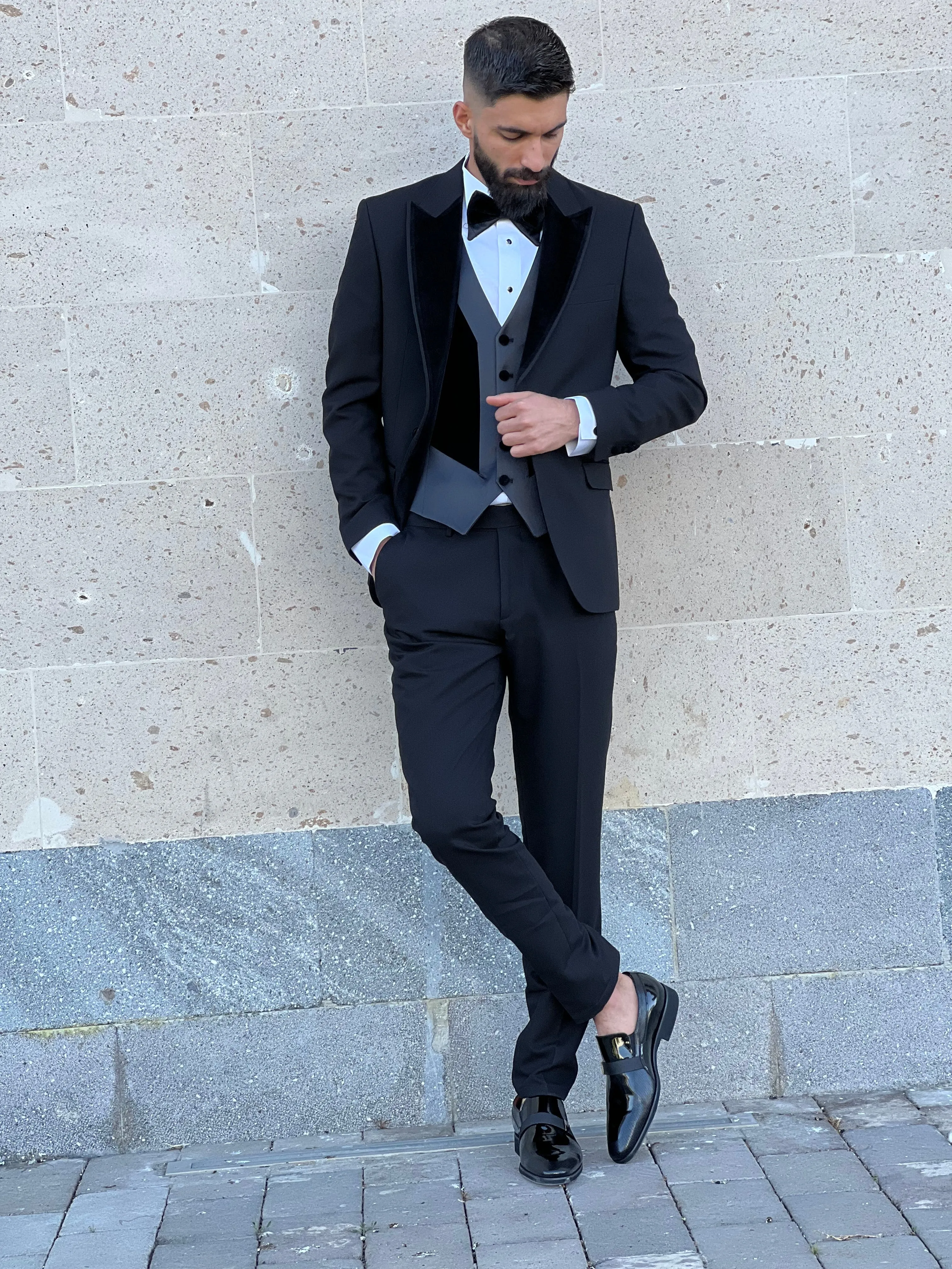 Slim Fit Black Single Breasted Tuxedo with Velvet Peak Lapel for Wedding and special occasions