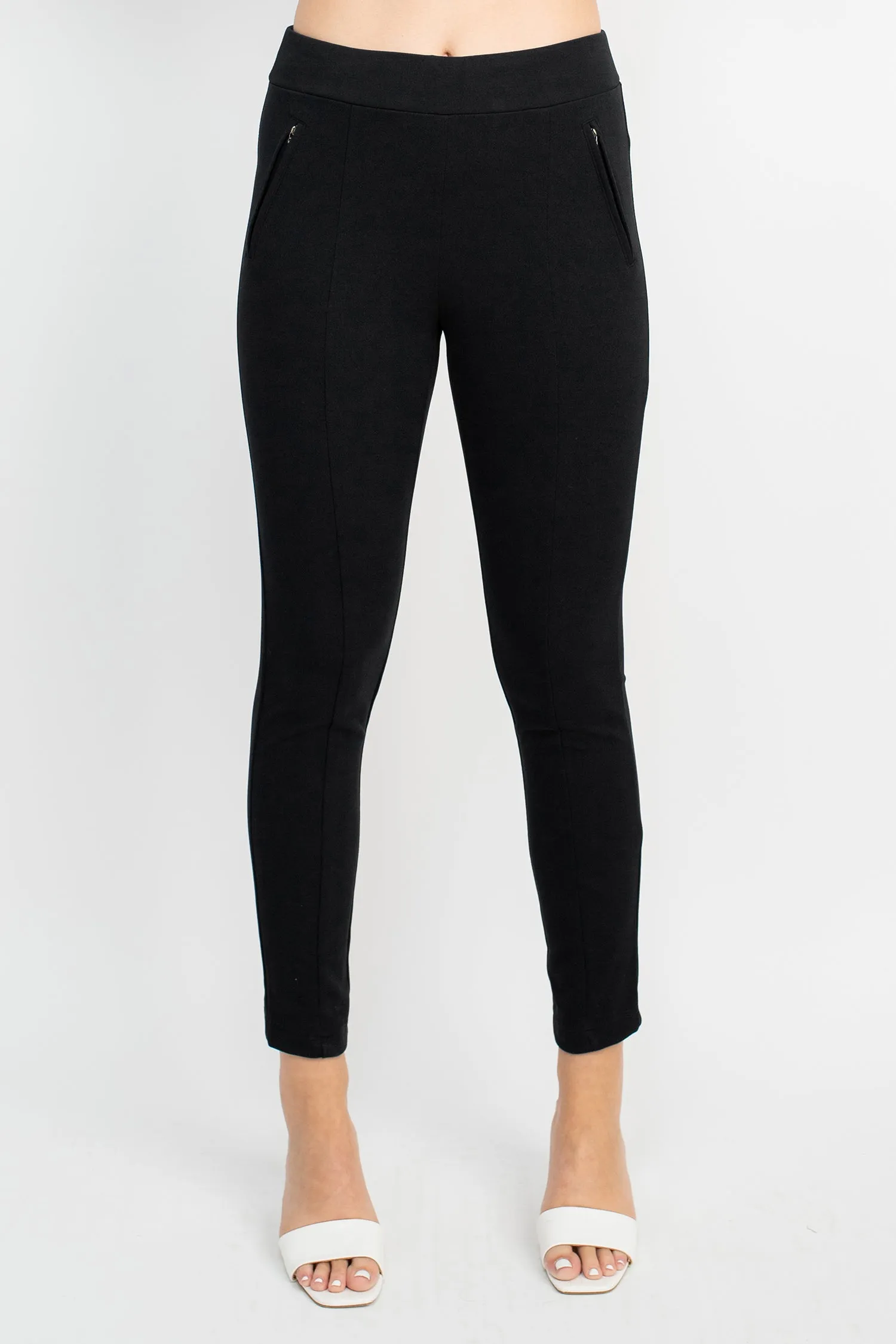 Soho Mid Waist Pull-On Skinny Zipper Front Solid Crepe Pant