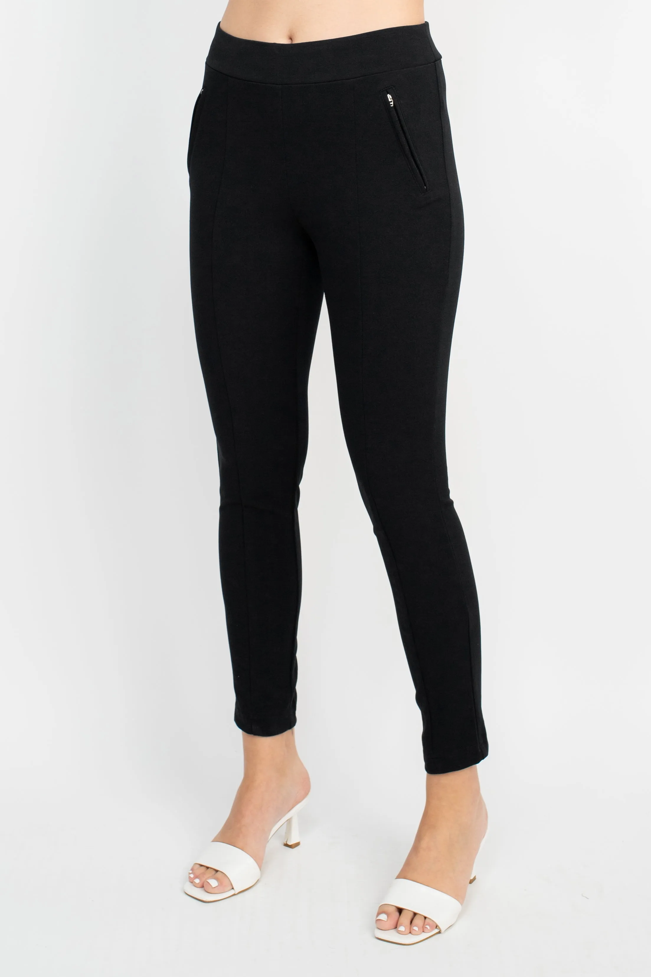 Soho Mid Waist Pull-On Skinny Zipper Front Solid Crepe Pant