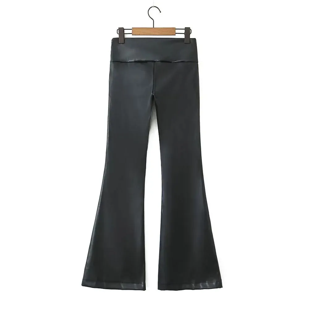 Summer New Fashionable Casual Elegant Low Waist Bellbottom Leather Pants