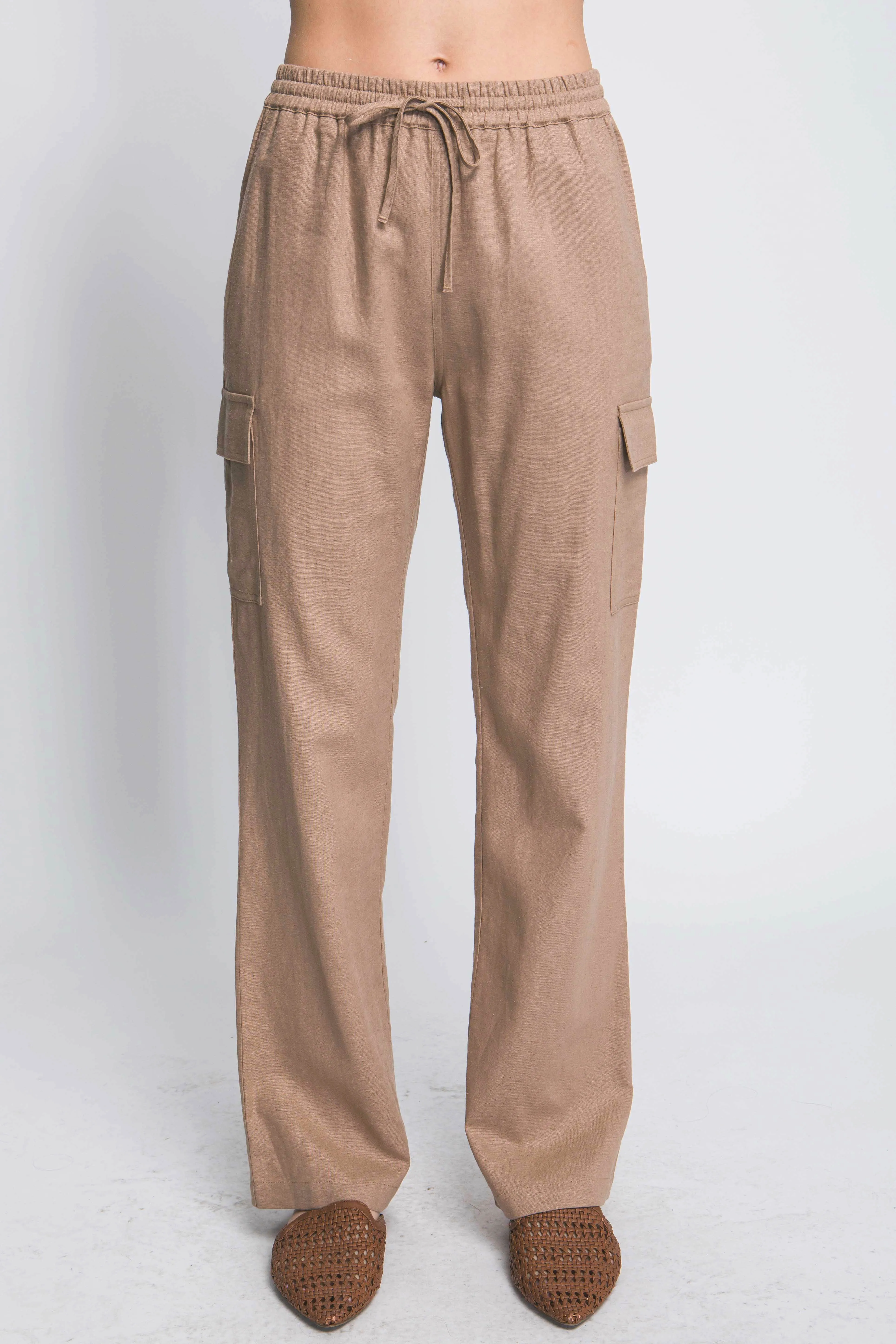 Taupe Linen Straight Leg Cargo Pants