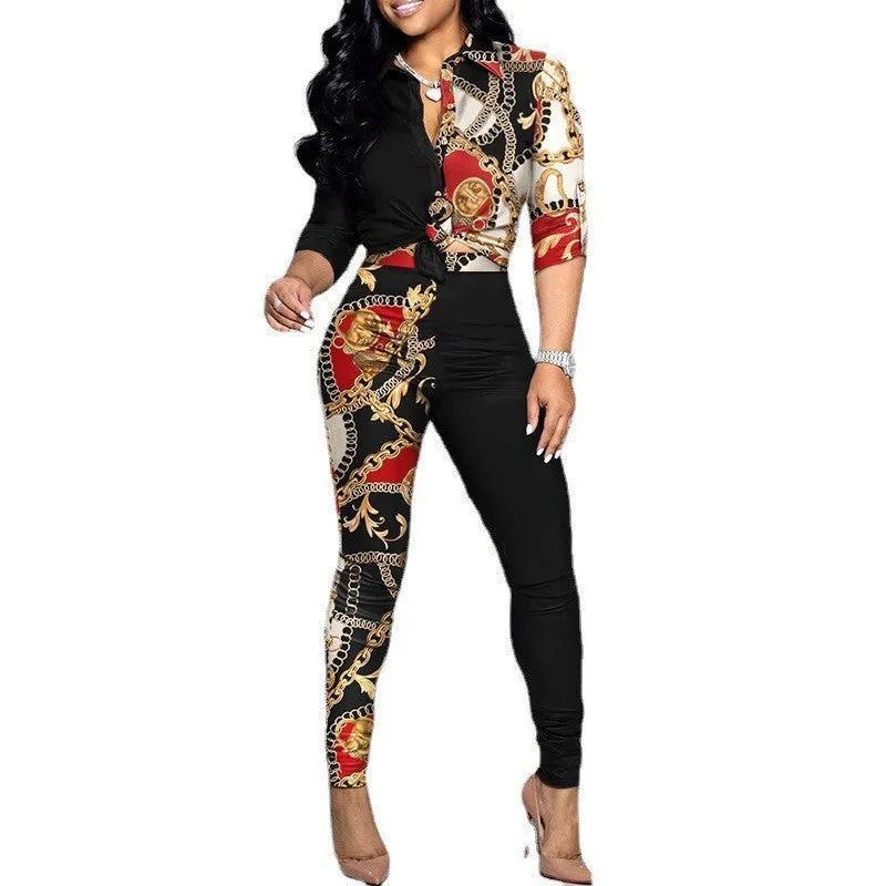 Women's Color Matching Printed Long-sleeved Lapel Shirt And Casual Pants Two-piece Suit