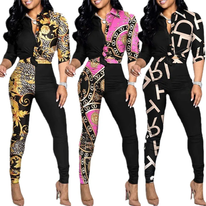 Women's Color Matching Printed Long-sleeved Lapel Shirt And Casual Pants Two-piece Suit