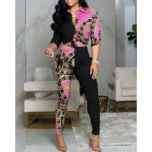 Women's Color Matching Printed Long-sleeved Lapel Shirt And Casual Pants Two-piece Suit